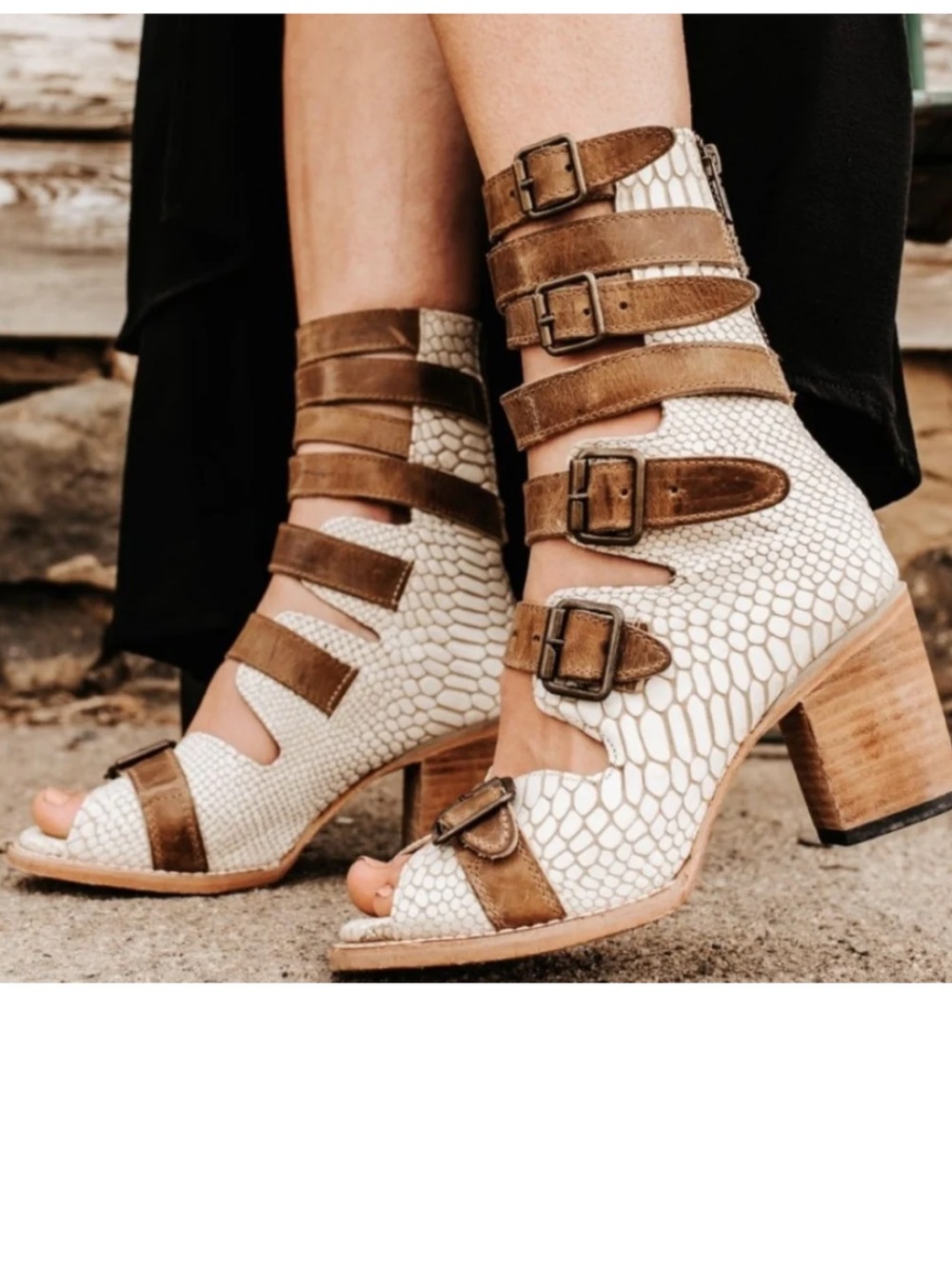 Freebird by Steven Bond Brown & Cream snake Buckle Strappy Block Heel Booties